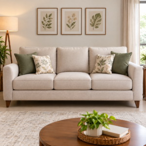 Elegant Cream 3-Seater Fabric Sofa | Modern Living Room Couch with Wooden Legs